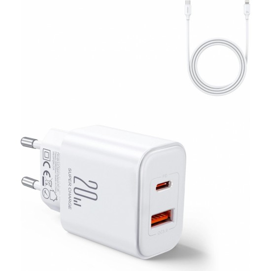 Joyroom JR-TCF05 20W USB-C / USB-A Fast Dual Port Wall Charger - White + USB-C - Lightning 1m (universal)