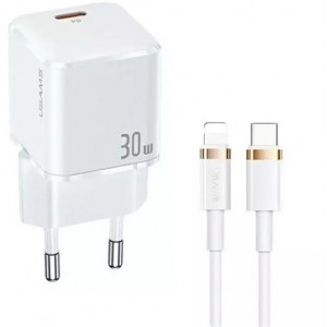 Usams Wall charger 1x USB-C T45 30W PD3.0 Fast Charging cable U63 USB-C/Lightning white/white UXTZH02 (USAMS-UX)