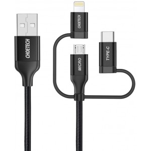 Choetech 3in1 MFI cable USB - USB Type C / micro USB / Lightning (charging 3A / data transmission 480 Mbps) 1.2m black (IP0030-BK) (universal)