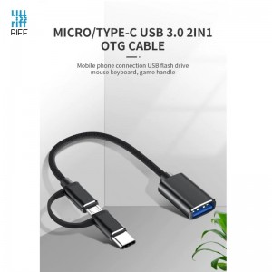 Riff V8 2 в 1 OTG Host Адаптер Кабель Type-C + Micro USB папа на USB 3.0 Type A 15.5cm Черный OEM