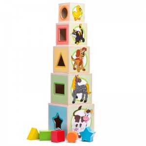 Woody 95005 Attīstoša krāsaina Eko koka kubu šķirošanas piramīda ar cipariem / dzīvniekiem (10gab.) bērniem no 3 gadi + (10.6x41cm)