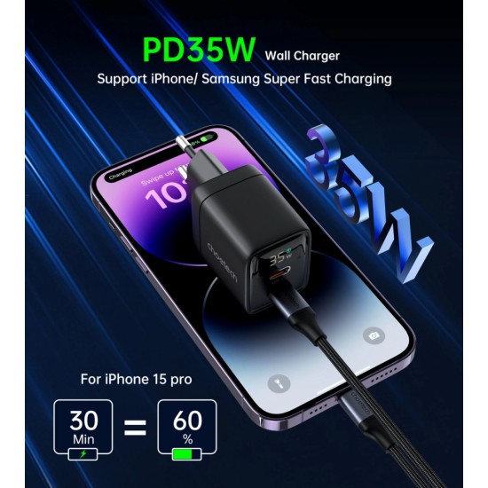 Choetech PD6051 USB-C USB-C PD 35W GaN wall charger with display - black (universal)