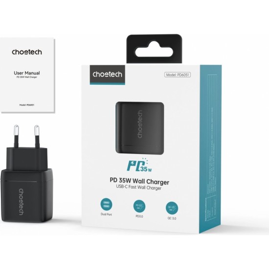 Choetech PD6051 USB-C USB-C PD 35W GaN wall charger with display - black (universal)