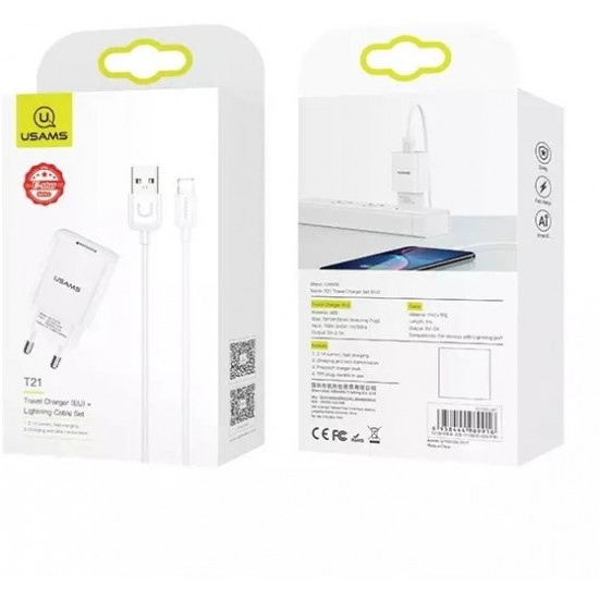 Usams Wall charger 1x USB T21 lightning white/white 2.1A Fast Charging T21OCLN01