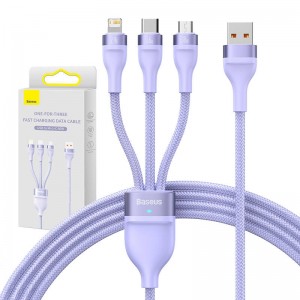 Baseus 3in1 USB cable Baseus Flash II Series, USB-C + micro USB + Lightning, 66W, 1.2m (Purple)