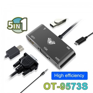 Aula OT-9573S 5in1 Hub adapteris USB-C uz Hdmi 4K 30Hz / VGA monitor / USB 3.0 / Audio 3.5mm / PD uzlāde