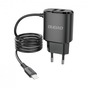 Dudao EU сетевая зарядка - адаптер 2x USB с встроенным 12W Lightning проводом 1m Black