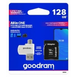 Goodram MicroSDXC Class 10 UHS I 128GB Atmiņas karte + Karšu lasītājs + Adapteris