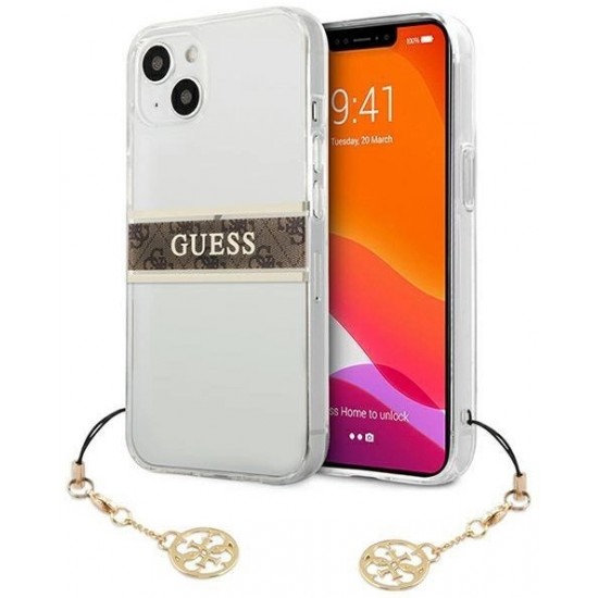 Guess GUHCP13SKB4GBR iPhone 13 mini 5.4" Transparent hardcase 4G Brown Strap Charm (universal)