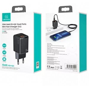 Usams Wall charger 1xUSB-C 1xUSB T43 33W PD3.0 QC3.0 cable U63 USB-C to lightning black/black USKTZ01