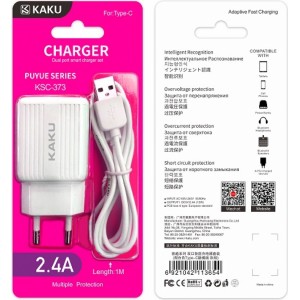 Ikaku KSC-373 Set 2in1 Smart Dual USB Socket 2.4A Сетевое зарядное устройство + Кабель Type-C 1м Белый