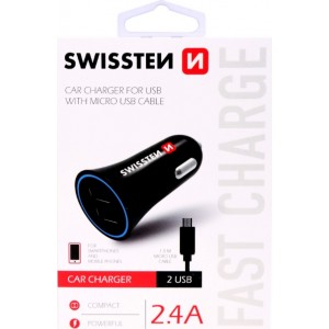 Swissten Auto Lādētājs 12V - 24V / 1A + 2.1A un Micro USB vads 1.5m