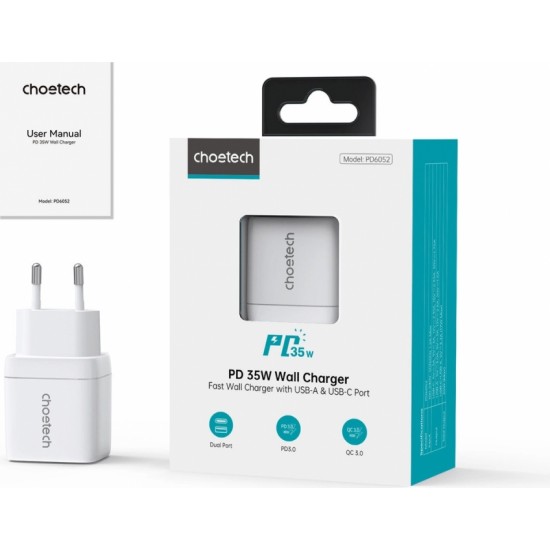 Choetech PD6052 USB-C USB-A PD 35W GaN wall charger with display - white (universal)