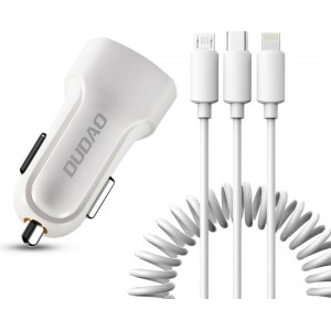 Dudao car kit charger 2x USB 2.4A + cable USB 3in1 Lightning / Type C / micro USB cable white (R7 white) (universal)