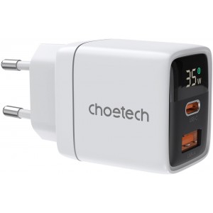 Choetech PD6052 USB-C USB-A PD 35W GaN wall charger with display - white (universal)