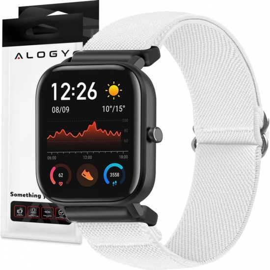 Universāla elastīga neilona pulksteņa siksniņa, aproce 20mm, balta, Alogy Nylon Smartwatch 15339X0, 5907765688281