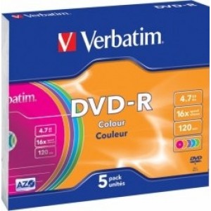 Verbatim Matricas DVD-R AZO  4.7GB 16x Colour, 5 Pack Slim