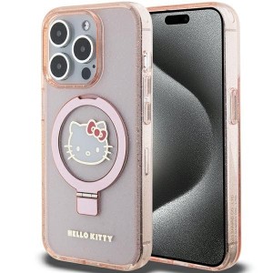 Hello Kitty case for iPhone 15 Pro 6,1" pink hardcase Ring Stand Glitter Electrop Logo MagSafe