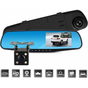 Iwear GT5 2in1 Spogulis + HD Auto DVR Video reģistrātors 170° priekšā + aizmugurē G-Sensor 1080p 4.3'' LCD Melna