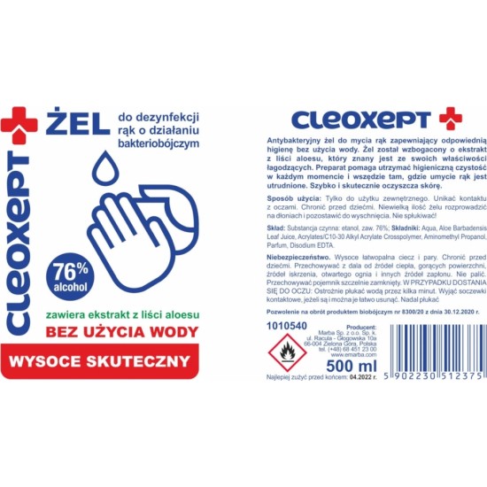 Gsg24 Antibacterial hand sanitizer gel CLEOXEPT - 500ml