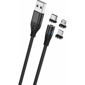 Maxlife MXUC-02 magnetic cable USB - Lightning + USB-C + microUSB 1,0 m 2A black nylon