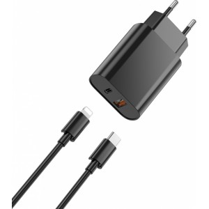 Wiwu wall charger Wi-U002 PD + QC 20W 1x USB 1x USB-C black + cable USB-C - Lightning