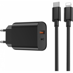 Wiwu wall charger Wi-U002 PD + QC 20W 1x USB 1x USB-C black + cable USB-C - Lightning