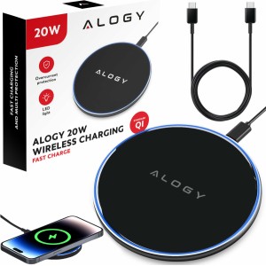 Alogy QI wireless inductive charger 15W fast LED Alogy round for iPhone USB-C cable Black