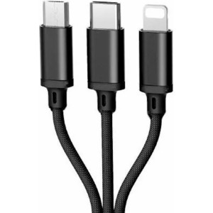 Ilike CCI02 Pīta auduma izturīgs USB 3in1 Kabelis ar USB uz Micro USB / Lightning / Type-C 1m Melns