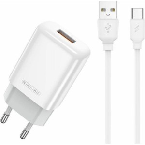 Jellico EU01 USB 12W Universāls USB Adaptīvs Lādētājs 1x USB 2.4A (5-12V) + USB-C 1m Kabelis Balts