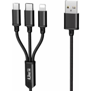 Ilike CCI02 Pīta auduma izturīgs USB 3in1 Kabelis ar USB uz Micro USB / Lightning / Type-C 1m Melns