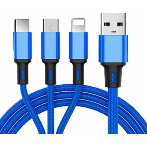 Ilike CCI02BE Pīta auduma izturīgs USB 3in1 Kabelis ar USB uz Micro USB / Lightning / Type-C 1m Zils