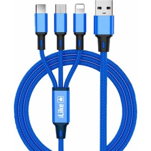 Ilike CCI02BE Pīta auduma izturīgs USB 3in1 Kabelis ar USB uz Micro USB / Lightning / Type-C 1m Zils