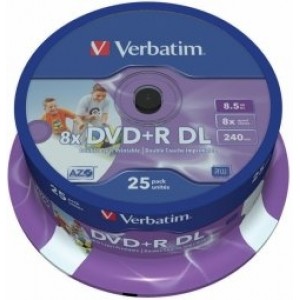 Verbatim Matricas DVD+R DL  8.5GB Double Layer 8x AZO Wide Printable non ID 25 Pack Spindle