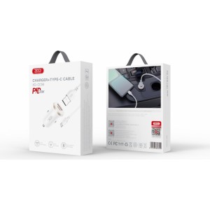 XO car charger CC56 PD 30W QC 1x USB 1x USB-C white + USB - USB-C cable