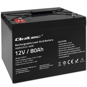 Qoltec AGM battery | 12V | 80Ah | 23.5kg | Maintenance-free | Strong | LongLife | for UPS, RV, boat, heater