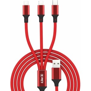 Ilike CCI02 Pīta auduma izturīgs USB 3in1 Kabelis ar USB uz Micro USB / Lightning / Type-C 1m Sarkans