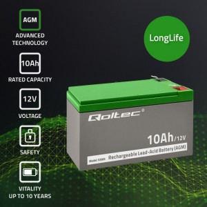 Qoltec AGM battery | 12V | 10Ah | Maintenance-free | Efficient| LongLife | for UPS, security