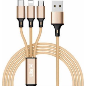 Ilike CCI02 Pīta auduma izturīgs USB 3in1 Kabelis ar USB uz Micro USB / Lightning / Type-C 1m Zelta