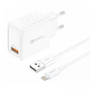 Foneng EU54 USB-A, 3A mains charger (White) + USB-A to Lightning cable