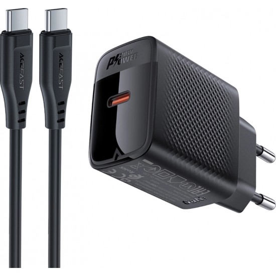 Acefast A82 Network Charger GaN USB-C PD 20W - Black + USB-C / USB-C Cable