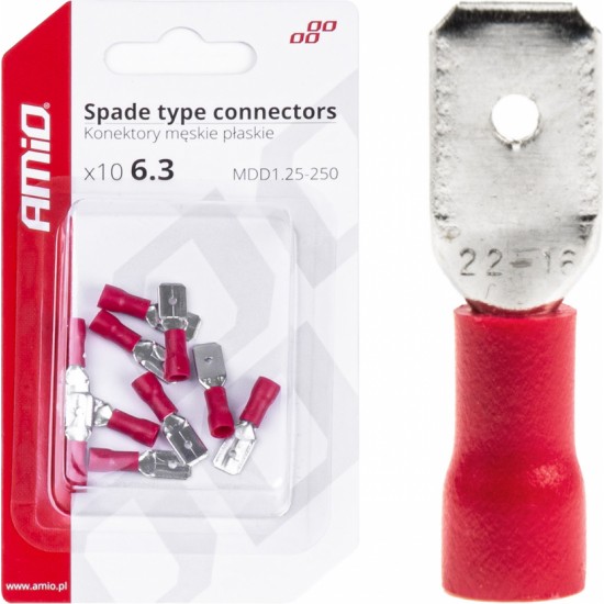 Amio Spade type connectors 6.3mm 0.5-1.5mm2 10A 10 pcs