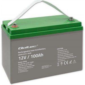 Qoltec AGM battery | 12V | 100Ah | 28.1kg | Maintenance-free | Strong | LongLife | for UPS, RV, boat, heater