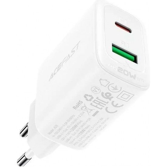 Acefast wall charger USB Type C / USB 20W, PPS, PD, QC 3.0, AFC, FCP white (A25 white)