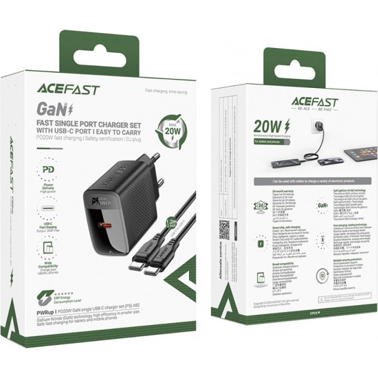 Acefast A82 Network Charger GaN USB-C PD 20W - Black + USB-C / USB-C Cable