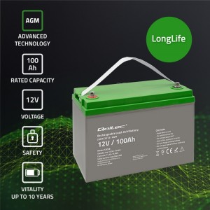 Qoltec AGM battery | 12V | 100Ah | 28.1kg | Maintenance-free | Strong | LongLife | for UPS, RV, boat, heater