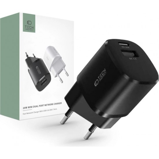 Tech-Protect C20W charger mini USB-C PD 20W / USB-A QC 3.0 - black