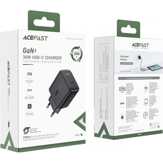 Acefast GaN USB Type-C 30W charger, PD, QC 3.0, AFC, FCP black (A21 black)