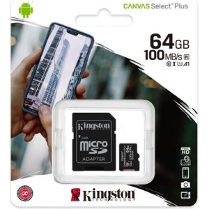 Kingston memory card 64GB microSDXC Canvas Select Plus cl. 10 UHS-I 100 MB/s + adapter