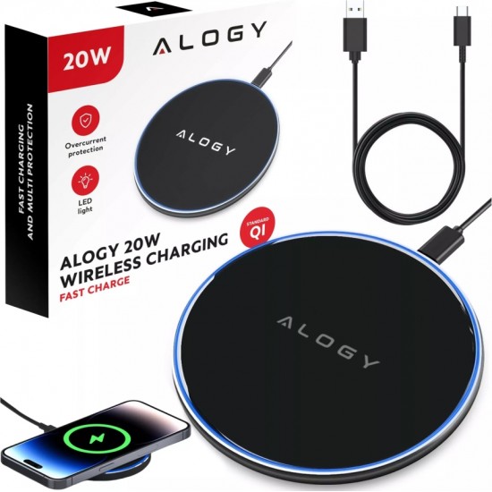 Alogy QI wireless inductive charger 20W fast LED Alogy round strong USB-C cable Black